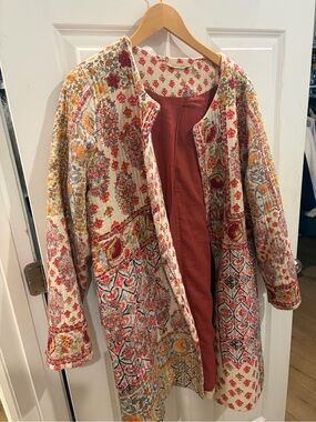 Boho Floral Quilted Long Coat in Cream and Rust